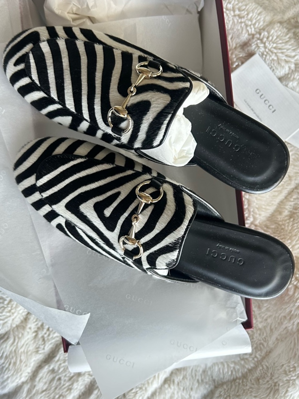 Gucci Zebra-Print Horsebit Mules in Black and White